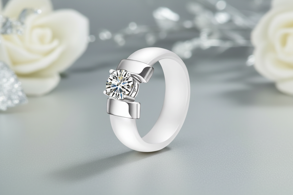 Zova Ceramic Ring White and Silver with Cubic Zirconia styled product photo