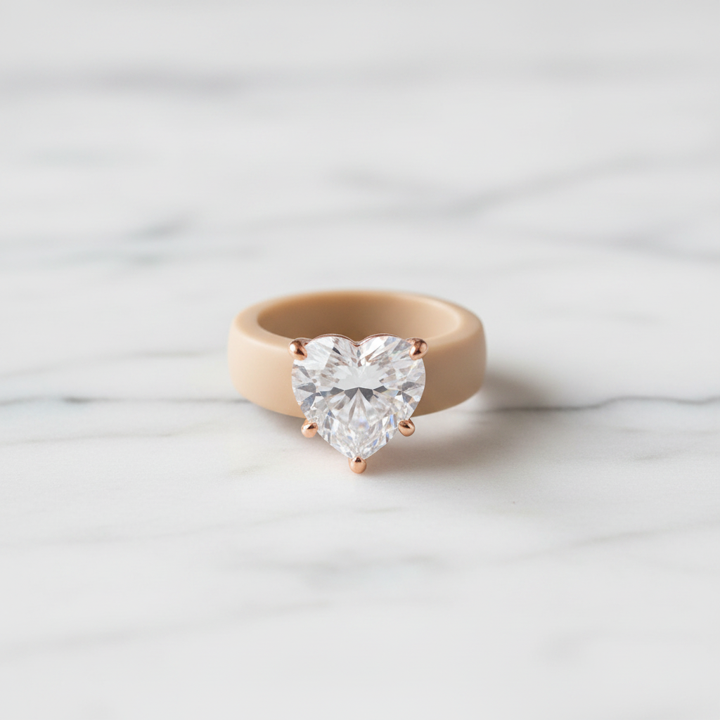 Zova Beige Silicone Ring with Heart-shaped Cubic Zirconia