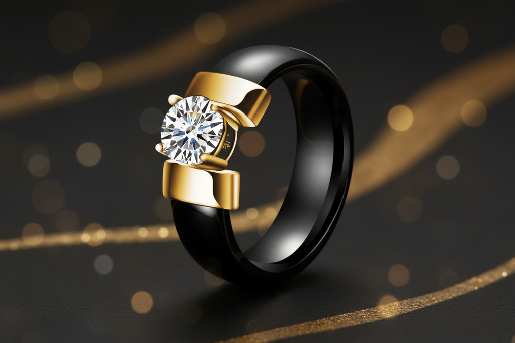Zova Ceramic Ring Black and Gold styled product photo