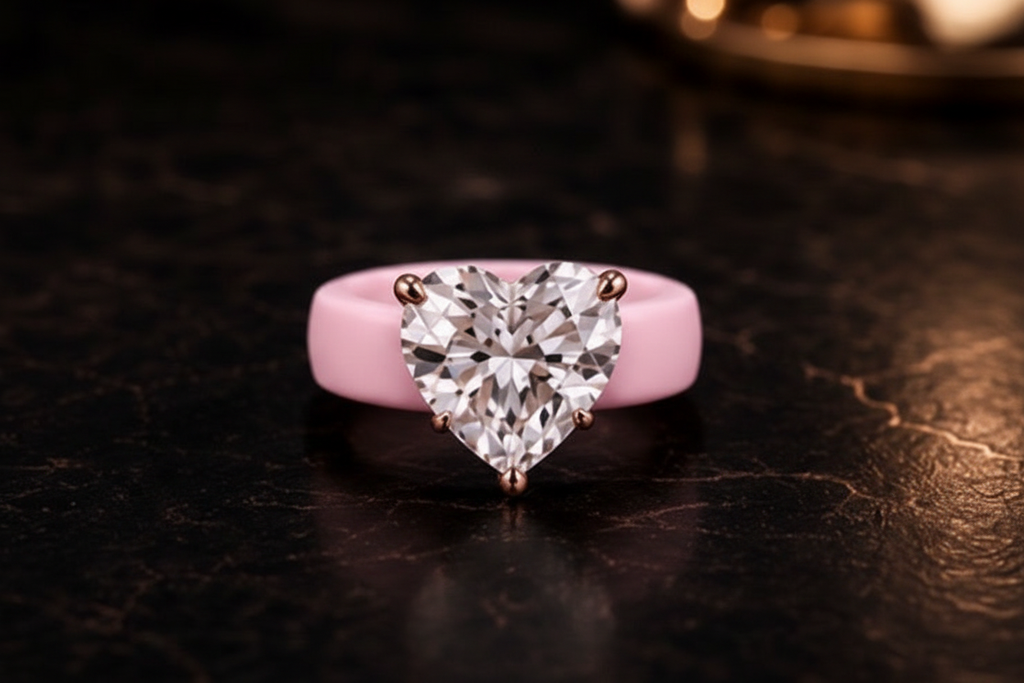 Pink Silicone Ring - Heart CZ